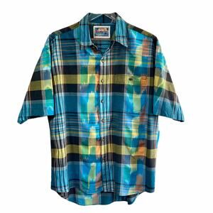 Original Blueprint Label Button Down Shirt Blue Yellow Green Plaid Mens Sz Large